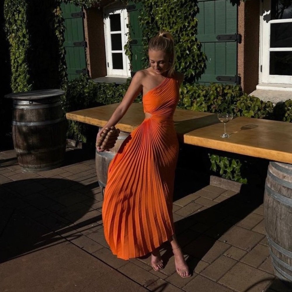 New A.L.C. Delfina Pleated Dress Orange 4